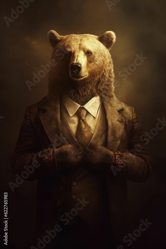 AI generated illustration of a bear wearing a stylish suit and tie with a blurry background © Graphicvil/Wirestock Creators