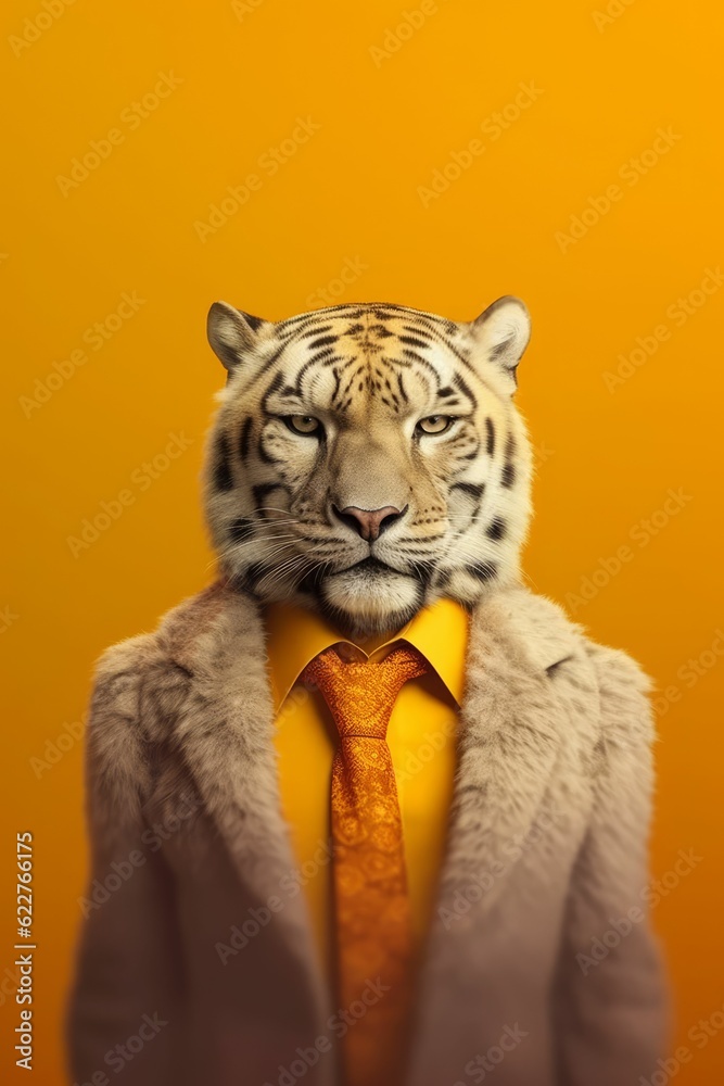 AI generated illustration of a tiger wearing a stylish suit and tie with a yellow background