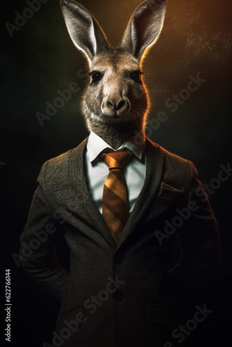 AI generated illustration of a Red kangaroo wearing a stylish suit and tie with a blurry background