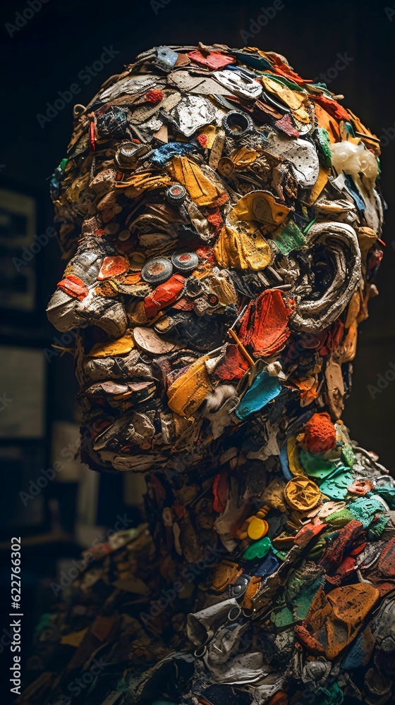 AI generated illustration of a figure of a person crafted from discarded materials