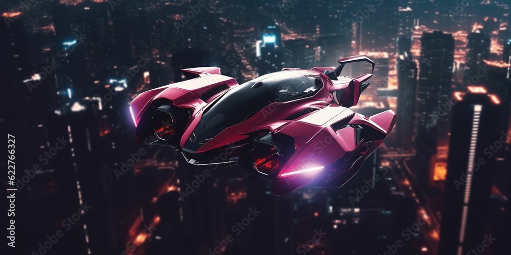 AI generated illustration of a pink car airborne over a bustling cityscape at night