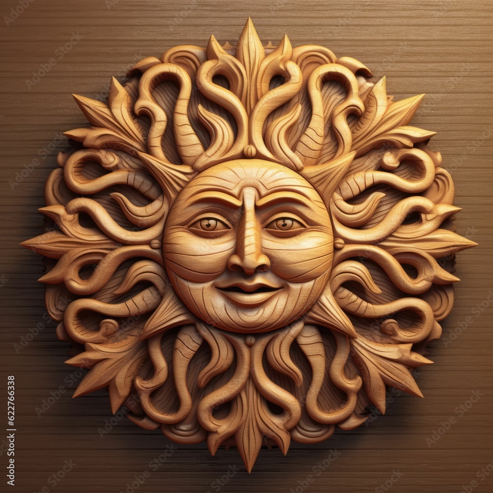 AI generated illustration of a carved sun on a wooden background