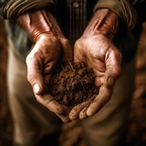 AI generated illustration of a mature male adult holding soil in his hands