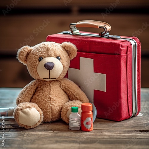 AI generated illustration of a teddy bear near an antique red suitcase filled with medical supplies