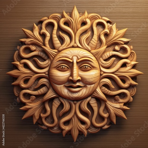 AI generated illustration of a carved sun on a wooden background