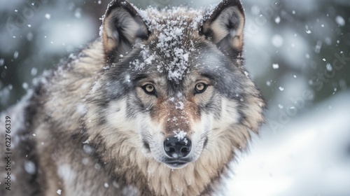 AI generated illustration of a gray wolf standing in a snowy landscape © Tech 1 0/Wirestock Creators