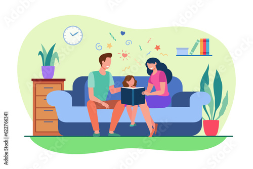 Family reading book together vector illustration. Parents teaching daughter to read, sitting on couch with fairy tales and having fun together at home. Family reunion, quality time, education concept