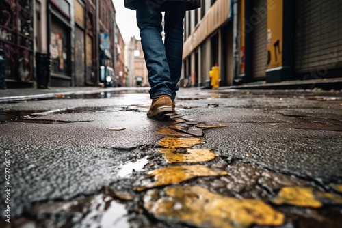 Man walking on a wet sidewalk in rainy weather. AI-generated. © Gregory72/Wirestock Creators