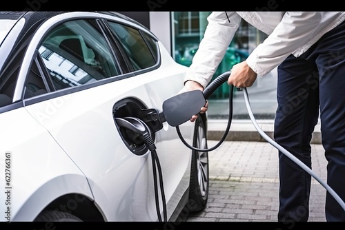 AI generated electric vehicle charging at a fuel station © Dan Lambert Photography/Wirestock Creators
