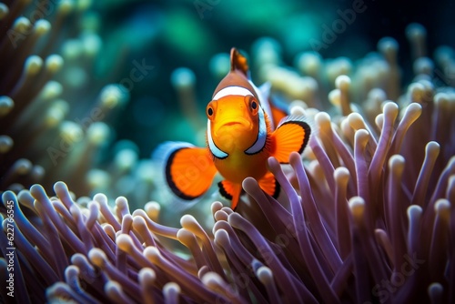 Stampa su tela AI generated orange clownfish is swimming between the colorful tentacles of a se