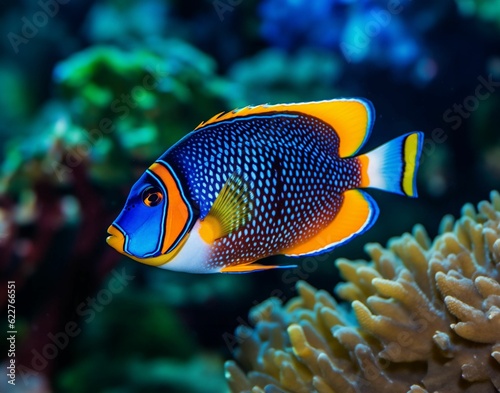AI generated blue fish swimming among lush coral in a tropical ocean scene