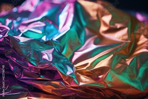 Holographic iridescent color wrinkled foil background. AI generated