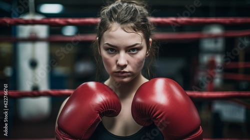 AI generated illustration of a young woman in the boxing ring at a gym