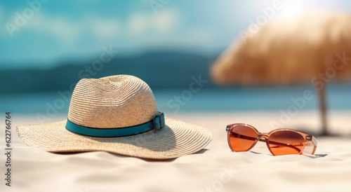 AI generated straw hat and sunglasses on beach