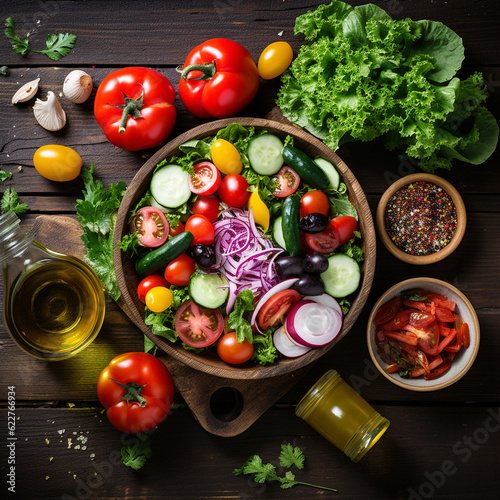 Vibrant top-down shot of a healthy, fresh salad on a rustic wooden table, perfect for showcasing recipes and healthy diets