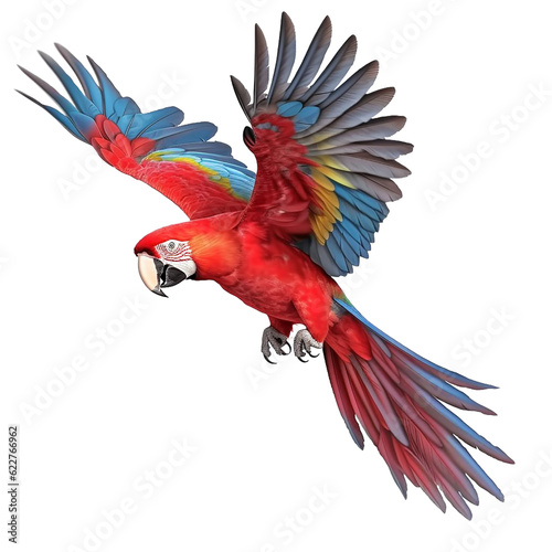 Red macaw flying isolated on a transparent background