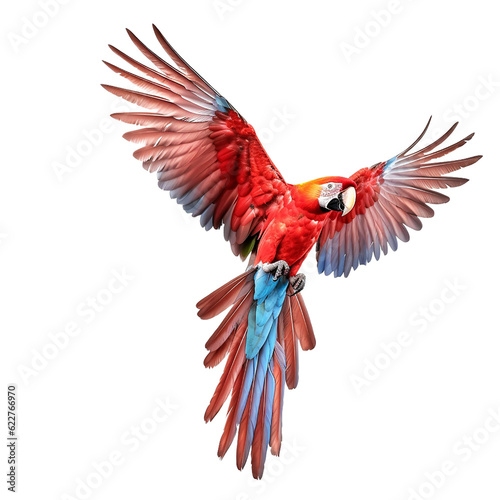 Red macaw flying isolated on a transparent background