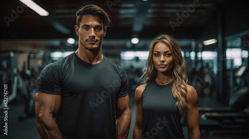 Young couple stands in a gym, smiling at the camera. AI-generated. © Karsten Hede/Wirestock Creators