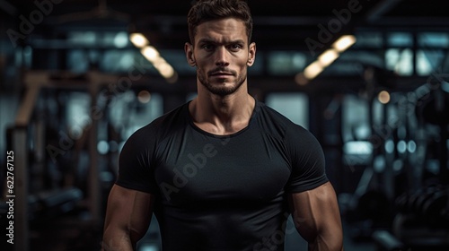 Man with a muscular physique wearing a black t-shirt standing in a fitness gym. AI-generated. photo