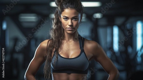 Attractive young woman standing in a gym confidently with her hands on her hips. AI-generated.