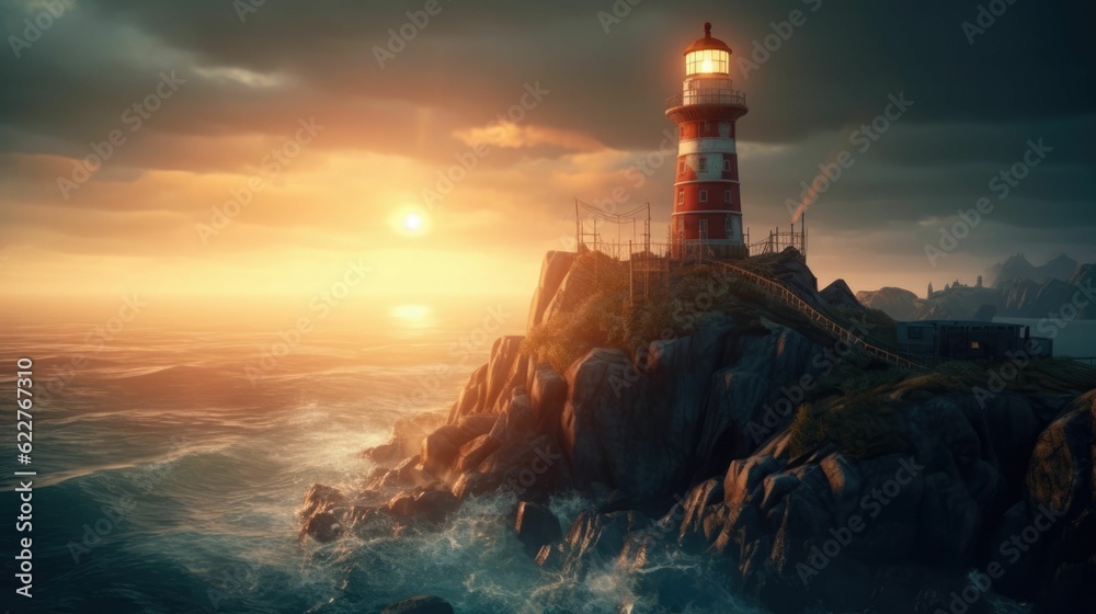 Picturesque lighthouse on a cliff against a beautiful sunset in the ocean, AI-generated.