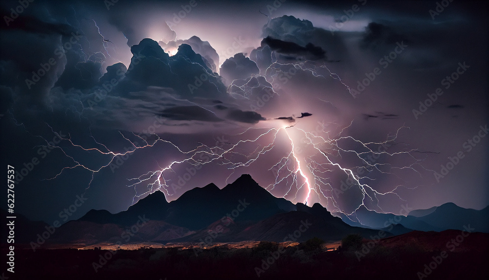 Fototapeta premium Dark dramatic stormy night sky with lightning bolts. Night.mountain landscape. Flashes of light from thunder and lightning. 3D illustration.