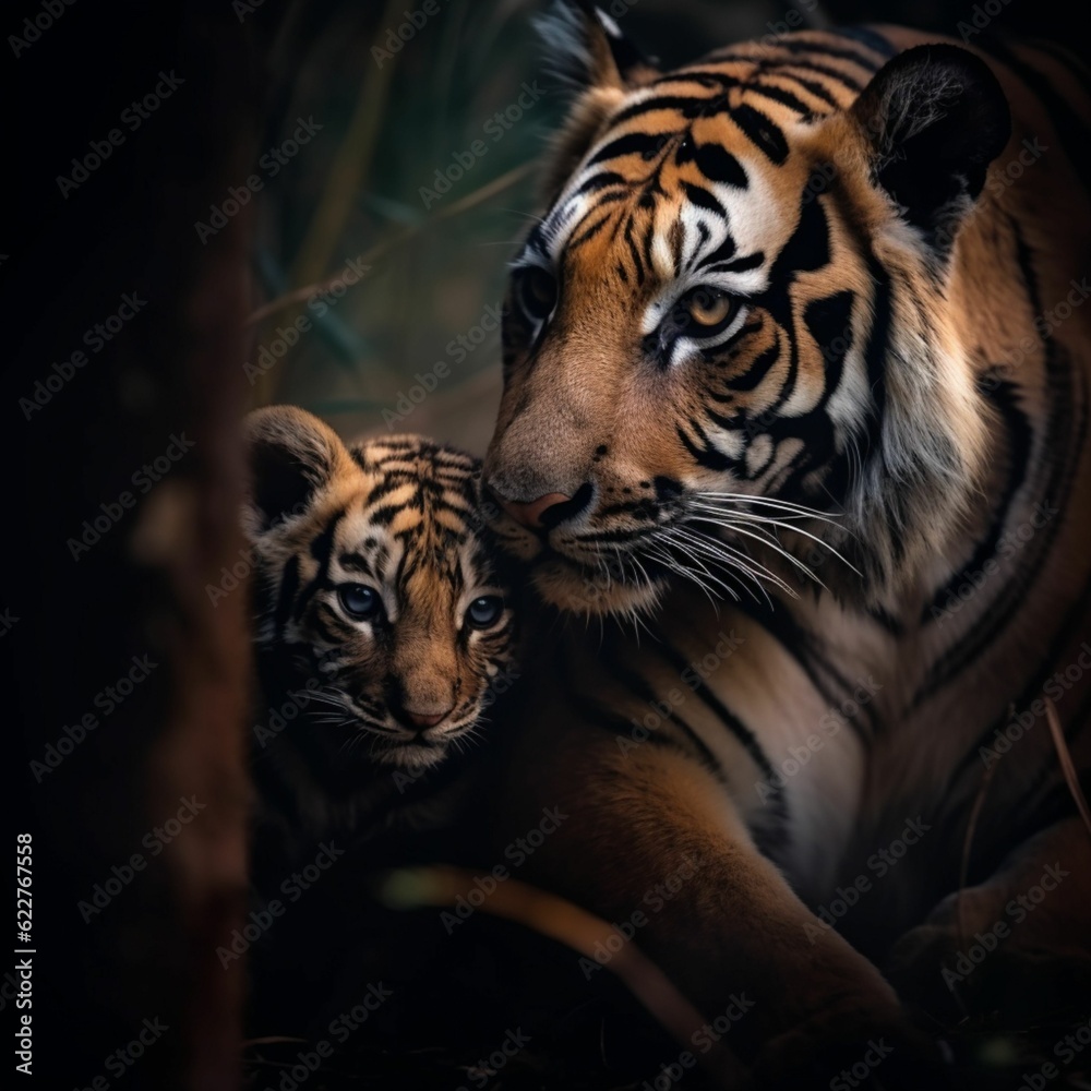 Fototapeta premium AI generated mother tiger and her cubs cuddle together in forest