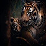 AI generated mother tiger and her cubs cuddle together in forest
