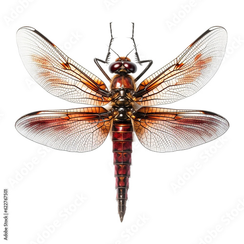 orange dragonfly top view, isolated on transparent background cutout