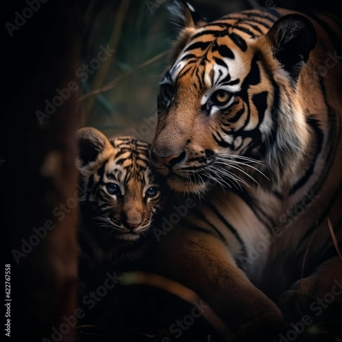 AI generated mother tiger and her cubs cuddle together in forest