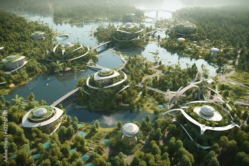 AI generated illustration of an aerial view of a futuristic cityscape  surrounded by lush greenery
