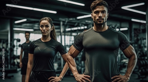 AI generated illustration of Two athletes in gym apparel striking a confident pose together