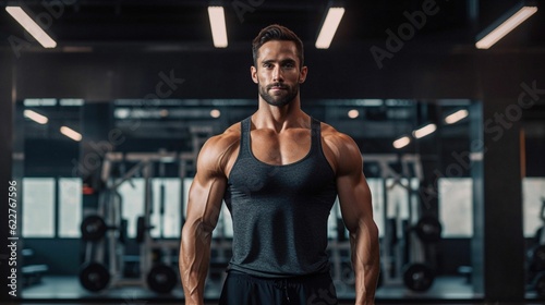 AI generated illustration of A strong, fit man standing in front of a spacious weightlifting area