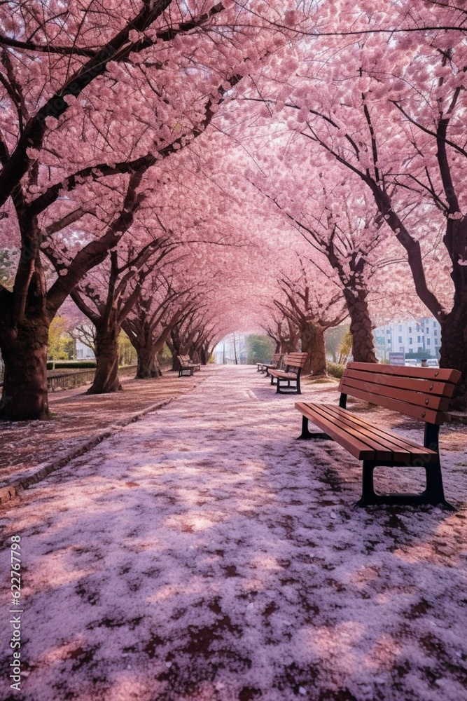 AI generated park bench surrounded by pink trees with bright pink blossoms