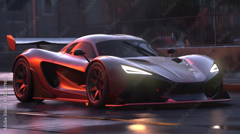 AI generated illustration of a sleek, futuristic supercar parked on a city street