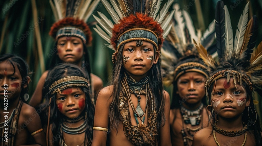 AI generated illustration of a group of Indigenous children in an outdoor setting