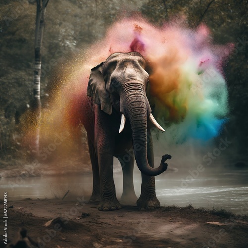 AI generated African elephant with brightly colored powder in a lush green forest
