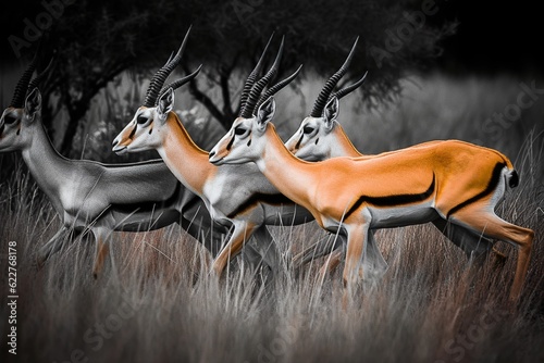 AI generated herd of goitered gazelle antelopes running in field Fototapeta