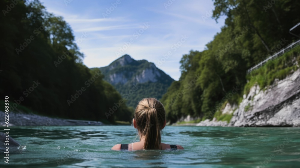 Fototapeta premium AI generated illustration of a female swimmer gliding through a tranquil river