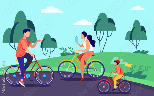 Bike ride with happy family vector illustration. Parents and son cycling on bike path in park, spending time together outdoors. Family reunion, quality time, sport concept