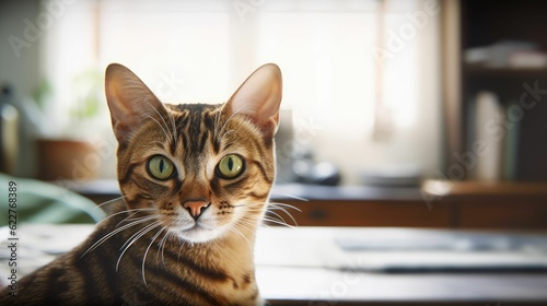 AI generated illustration of an adorable tabby cat atop a wooden table, with striking green eyes