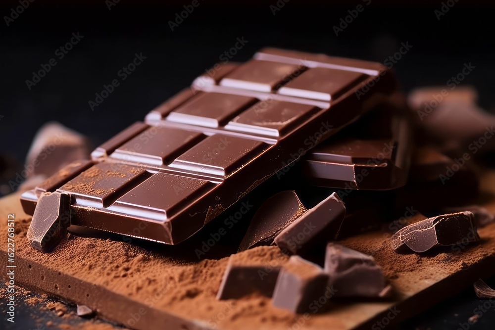 Bar of chocolate with cocoa powder. AI-generated. Bar of chocolate with cocoa powder. AI-generated.