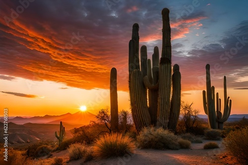 Group of saguaro cacti at sunrise in desert AI Generated © HotiGrapher