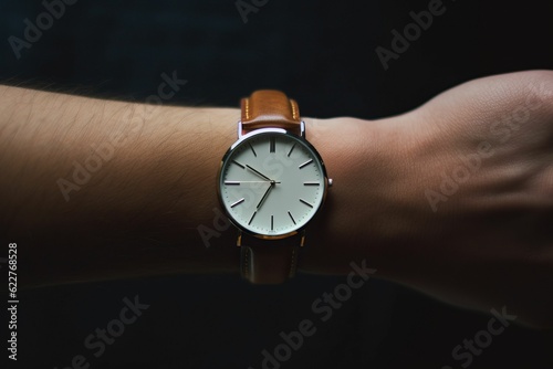 Hand wearing a watch with a brown leather band. AI-generated.