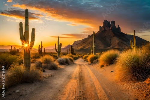 Group of saguaro cacti at sunrise in desert AI Generated 