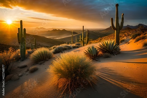 Group of saguaro cacti at sunrise in desert AI Generated 