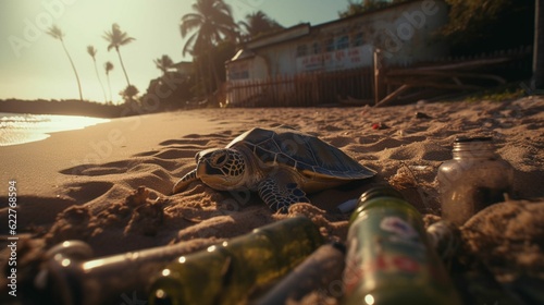 Endangered sea turtle on its way to the ocean surrounded by trash, AI-generated.