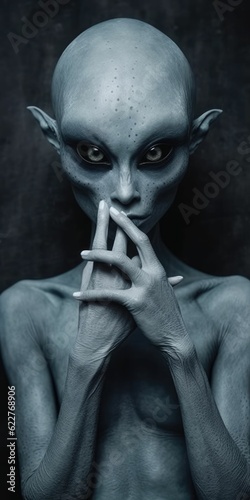 Portrait of a gray alien covering the lower part of the face with long fingers, AI-generated photo