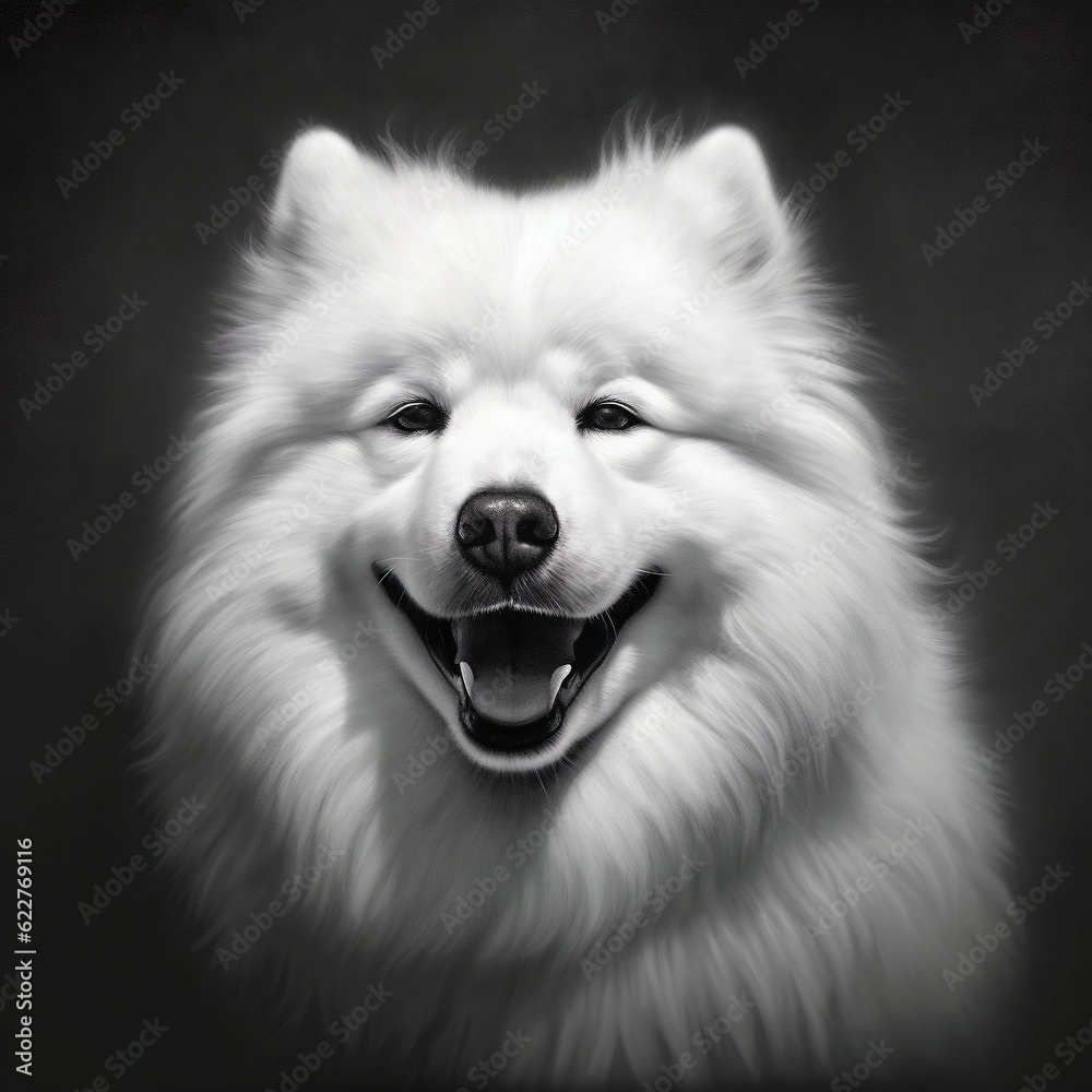 AI generated illustration of an American Eskimo Dog portrait in grayscale AI generated illustration of an American Eskimo Dog portrait in grayscale