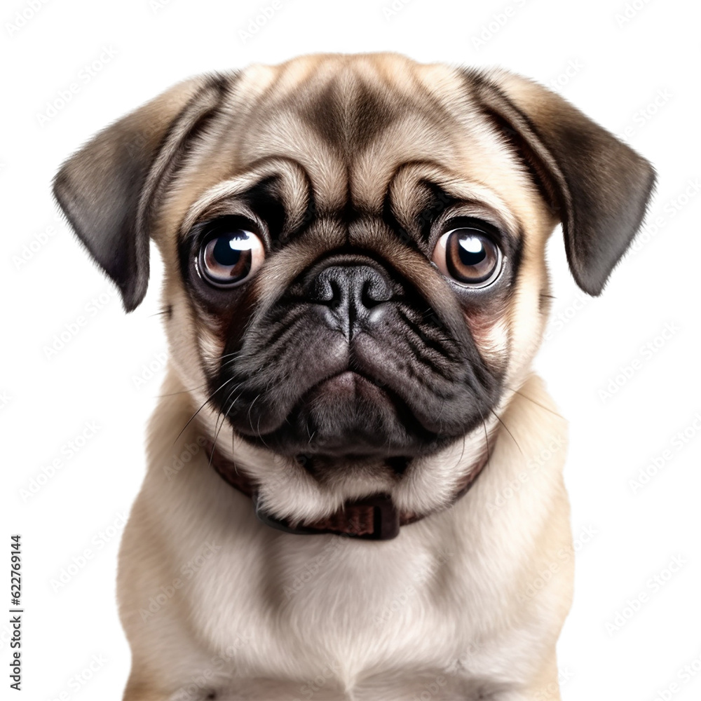 pug dog puppy looking at you, isolated on transparent background cutout, generative ai